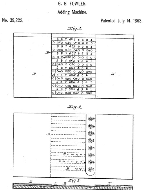 The patent drawing of Fowler's Adder
