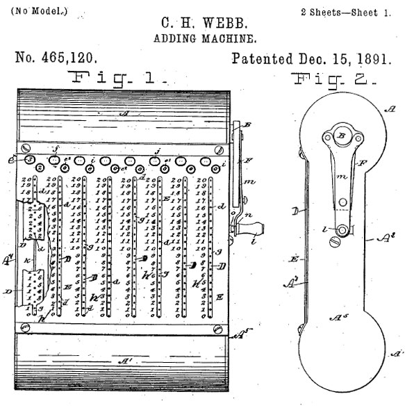 The patent drawing of Webb's Ribbon Adder